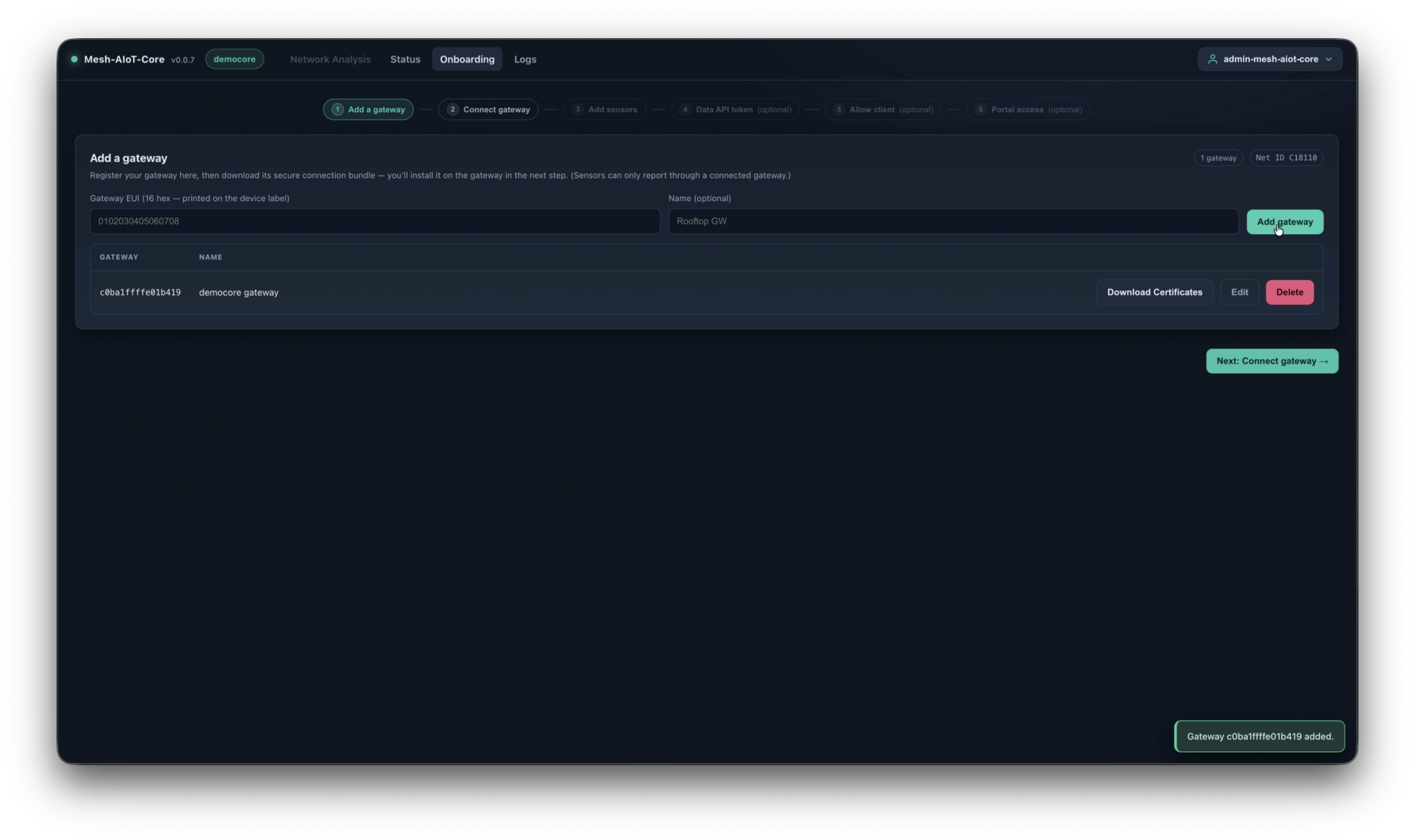 mesh-aiot-core add gateway onboarding screen